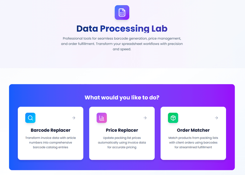 Data Processing Lab main dashboard with three core tools