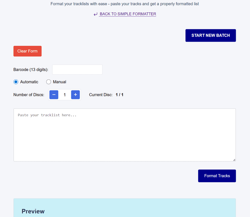 Tracklist formatter input screen